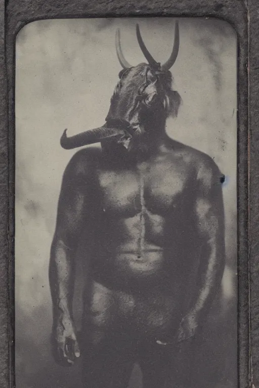 Prompt: a tintype photograph of a minotaur