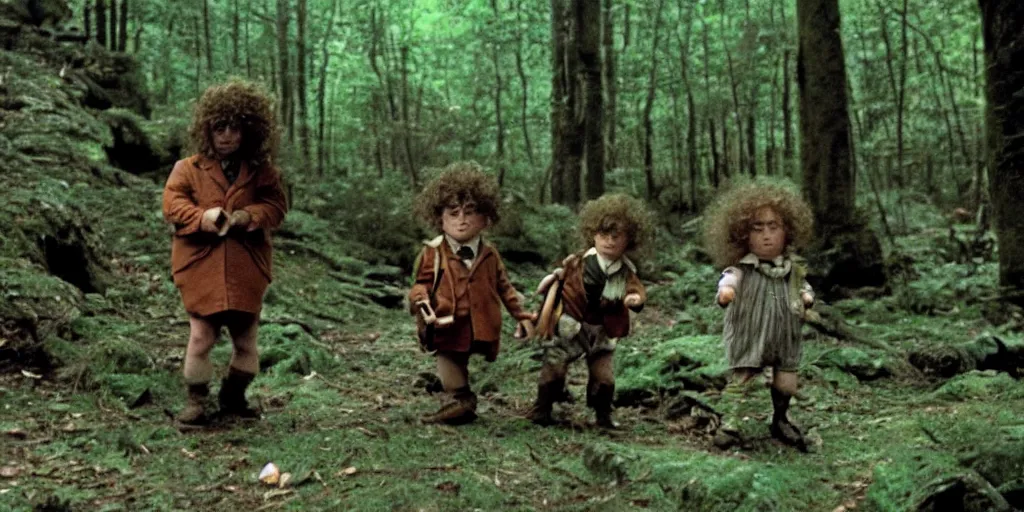 Image similar to A full color still from a Stanley Kubrick film featuring two hobbits with their backs to the camera, in a dark forest, 35mm, 1975