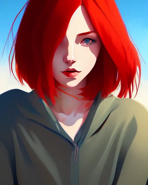 Image similar to a detailed portrait of a beautiful!!!! woman with red hair and freckles by ilya kuvshinov, digital art, dramatic lighting, dramatic angle