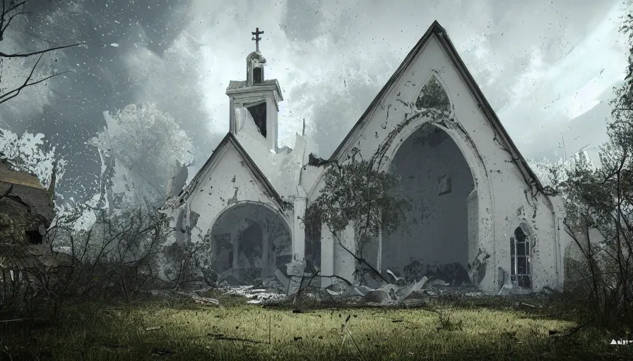 Image similar to abandoned white church, dust particles, vegetation, collapsed ceiling, bell falling to the ground, destructionn brught light, hyperdetailed, artstation, cgsociety, 8 k