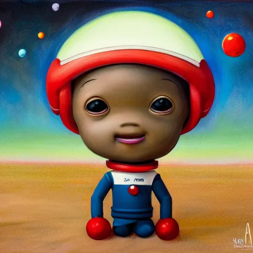 Prompt: wide - angle profile face portrait of a tin toy of a black boy dressed like an astronaut in a cotton candy field, nicoletta ceccoli, mark ryden, lostfish, max fleischer, alan bean, hyper realistic, artstation, illustration, lowbrow, surreal, digital paint, matte paint, vivid colors, bright, cheerful, detailed and intricate environment