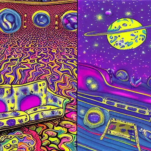 Prompt: psychedelic trippy couch in space, planets, milky way, sofa, rob zombie, arnold fischer, croissant, 1 9 9 0 grunge basement, richard parker, extremely toxic, forensic files, crazy trippy, bad trip, train with couch, chesterfield, old couch, rickety couch, stained couch