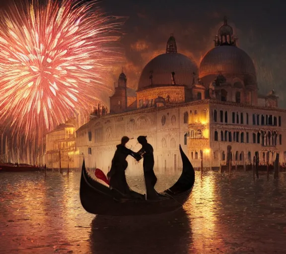 Image similar to photography of a 1 8 th couple in venice with fireworks, deep focus, intricate, elegant, highly detailed, digital painting, artstation, concept art, matte, sharp focus, illustration, art by artgerm and greg rutkowski and alphonse mucha and gil elvgren