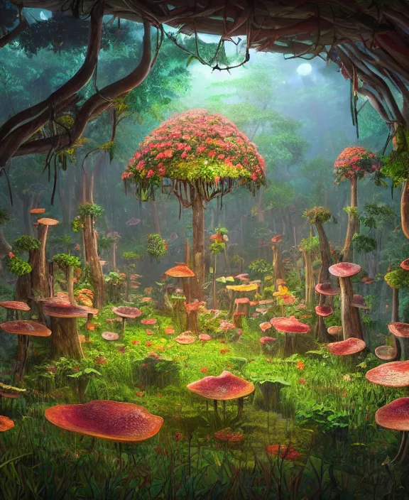 Image similar to a simple, whimsical school made from flowers, overgrown with huge exotic fungus, deep in the woods, cheerful, dramatic lighting, partly cloudy, by dan mumford, yusuke murata, makoto shinkai, ross tran, dreamy, cinematic, unreal engine, cel shaded, featured on artstation, pixiv