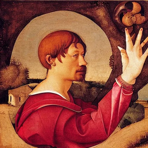 Prompt: A land art. A rip in spacetime. Did this device in his hand open a portal to another dimension or reality?! maroon by Filippino Lippi expressive