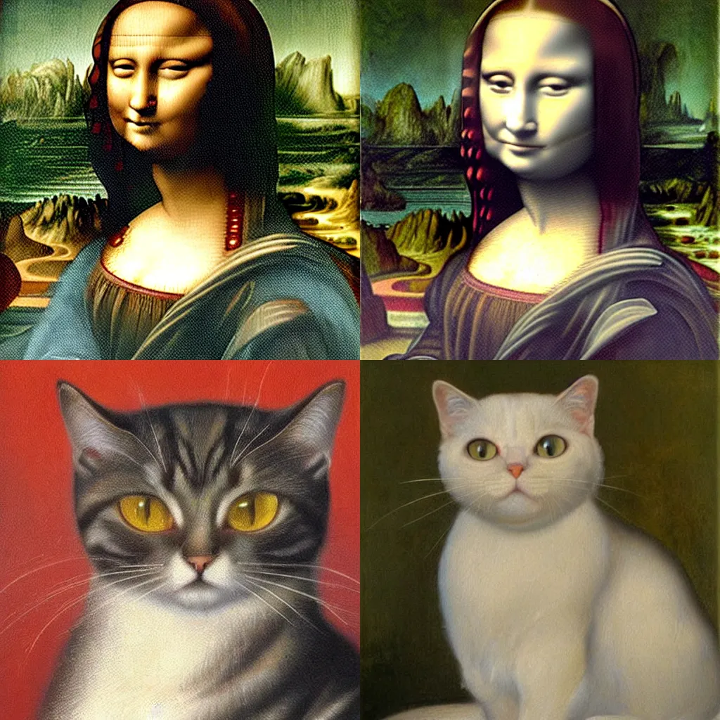 Prompt: oil painting, masterpiece, portrait of a cat, softness, fine, clear, delicate, in the style of mona lisa ， by leonardo da vinci