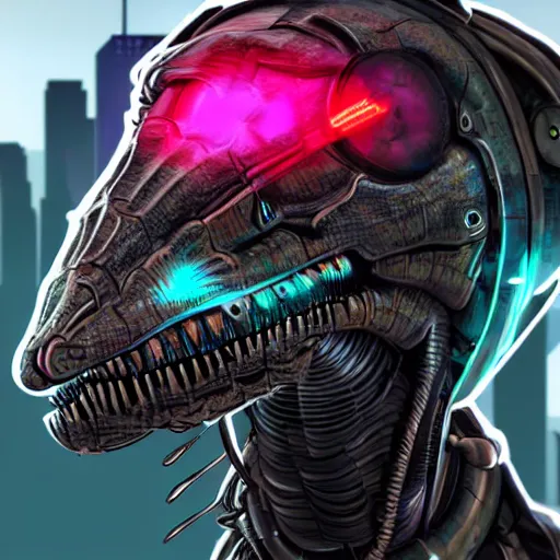Image similar to a cyborg dinosaur portrait, close up, syntwave, cyberpunk