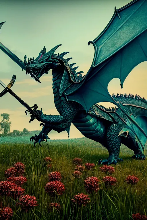 Prompt: high quality 3 d neo - gothic armored dragon holding sword in a field of flowers, highly detailed unreal engine, vitaly bulgarov dramatic dark teal light, ground angle uhd 8 k, sharp focus