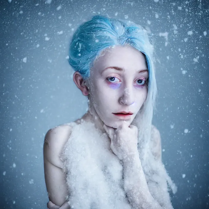 Image similar to a sickly looking young woman dying of hypothermia, with very white skin and pale blue hair wearing a long white summer dress made out of snowflakes in the middle of a heavy snowstorm. pale light blue lips. full body digital portrait by maromi sagi