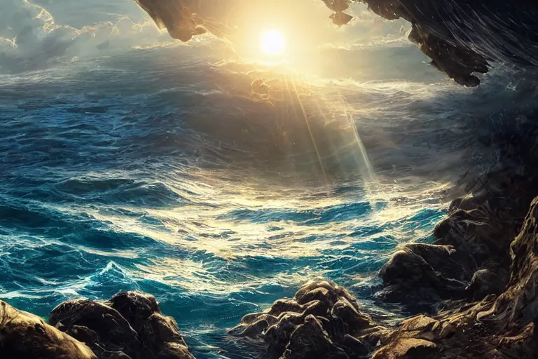 Image similar to detailed intricate digital illustration by greg rutkowski and artgerm and wlop and sanford robinson gifford ; nuclear bomb radiating bright, blinding lens flare across the horizon of a serene ocean, beautiful, glistening water and waves ; 1 3 mm film, arri alfa anamorphic lens, golden hour lighting ; sharp focus ; trending on artstation 8 k