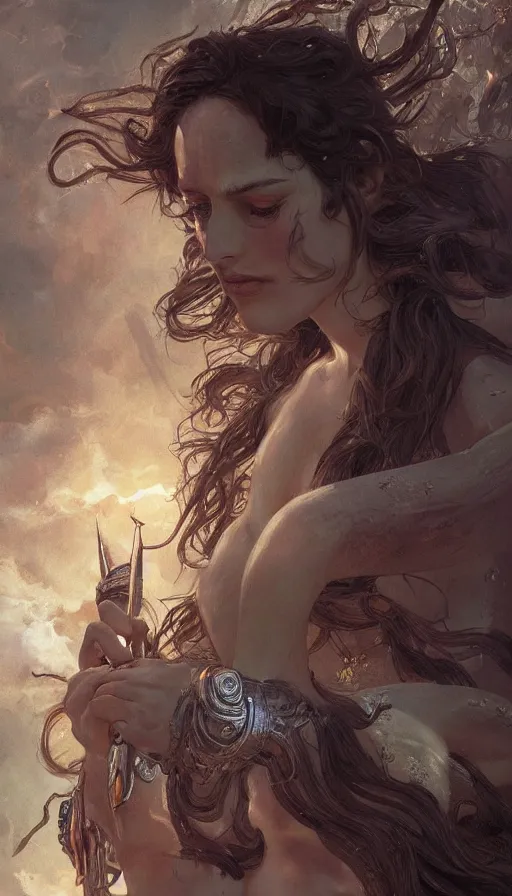 Image similar to sappho, warhammer, lord of the rings, sweaty, intricate, highly detailed, digital painting, artstation, concept art, smooth, sharp focus, illustration, unreal engine 5, 8 k, art by artgerm and greg rutkowski and alphonse mucha