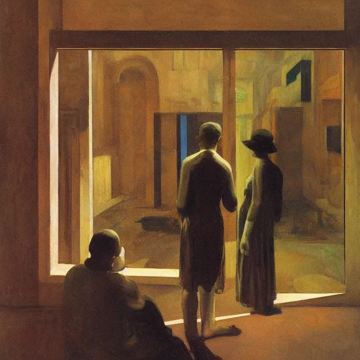 Image similar to people inside roman museum looking through the window Edward Hopper and James Gilleard, Zdzislaw Beksinski, highly detailed