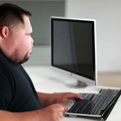 Image similar to fat man looking at his computer screen