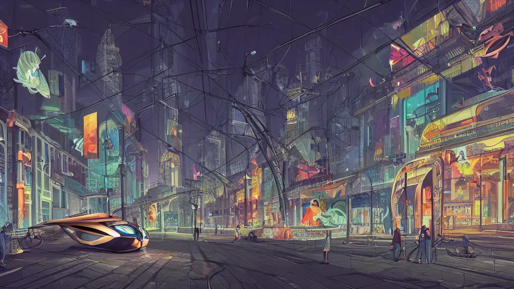 Image similar to street view of the national museum in the city at night by cyril rolando and naomi okubo and dan mumford and zaha hadid. flying cars. advertisements. neon. tram.