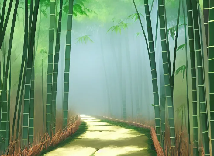 Image similar to deep in a misty japanese bamboo forest, small dirt path, rule of thirds, sunny, cartoony, anime style, mid day, realistic lighting, by ghibli studio, arcane, wild rift, trending on artstation, 4 k, hd