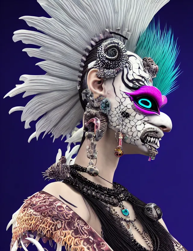 Image similar to 3 d goddess close - up profile portrait punk with mohawk with ram skull. beautiful intricately detailed japanese crow kitsune mask and clasical japanese kimono. betta fish, jellyfish phoenix, bio luminescent, plasma, ice, water, wind, creature, artwork by tooth wu and wlop and beeple and greg rutkowski