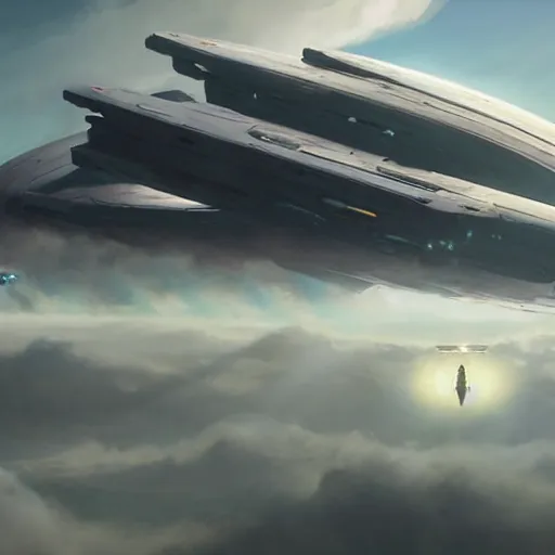 Prompt: A big science-fiction futuristic spaceship flies above green mountains and a sea of clouds in the sky in summer, Greg Rutkowski, James Gunery, John Howe, unreal engine art station