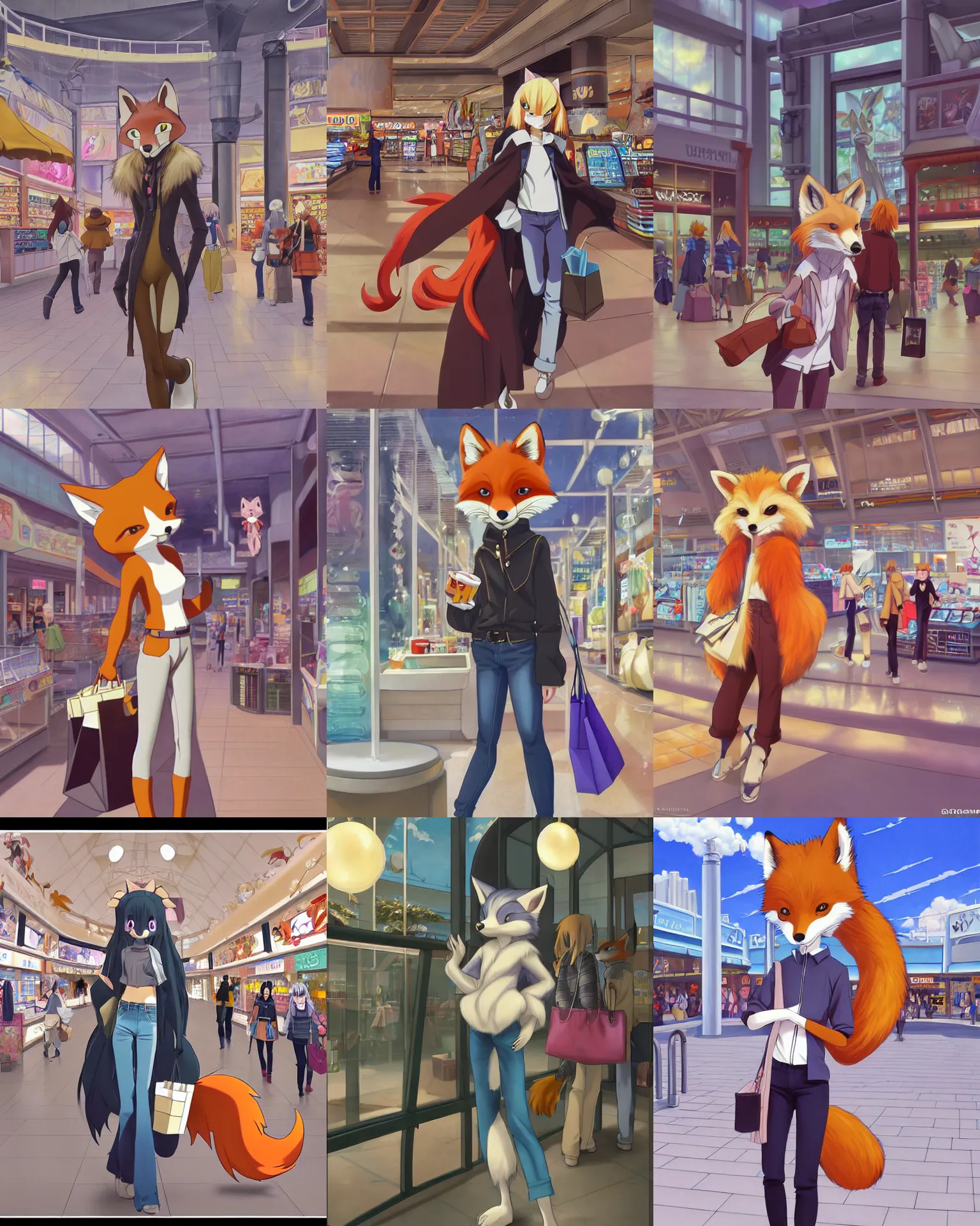 Prompt: anthro art commission of a cute stylish anthropomorphic natural furry fox person shopping at a futuristic mall, photorealistic, detailed key anime art, makoto shinkai, james gurney, don bluth!!, disney!!, hibbary!!, dark natasha, goldenwolf, furaffinity, fursona, greg rutkowski