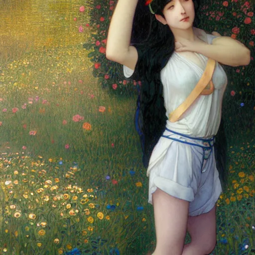 Image similar to A young woman with black long hair and ponytail hairstyle in shorts and white shirt and chucks drawn by Donato Giancola and Makoto Shinkai, Edmund Leighton, Alphonse Mucha, background by James Jean and Gustav Klimt, 4k, porcelain skin, volumetric lighting, komorebi, french nouveau, trending on artstation, octane render, hyperrealistic