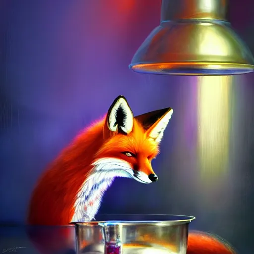 Image similar to a fox mixing chemicals in a kitchen, portrait, fantasy, beautiful face, vivid colors, elegant, concept art, sharp focus, digital art, hyper - realistic, 4 k, unreal engine, highly detailed, hd, dramatic lighting by brom, trending on artstation