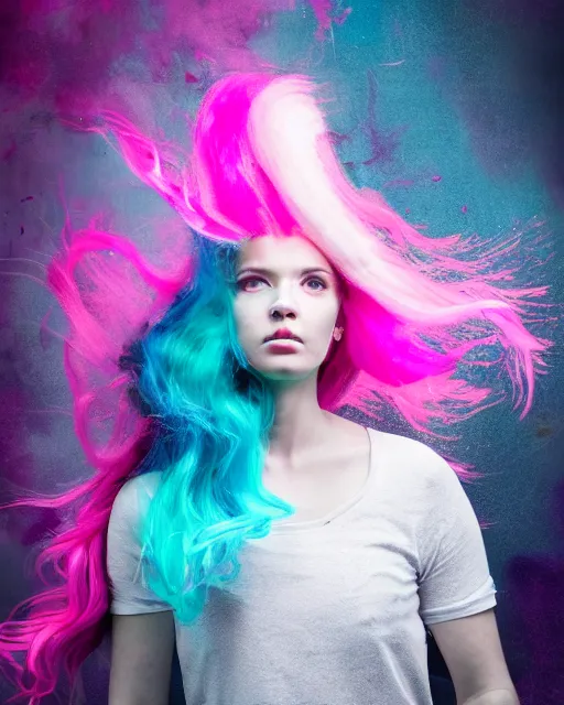 Image similar to a dramatic lighting photo of a beautiful young woman with cotton candy hair. paint splashes. with a little bit of cyan and pink