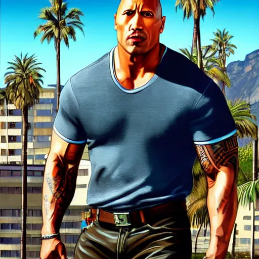 Prompt: dwayne the rock johnson,GTA V cover art by stephen bliss,realistic,professional art,professional lighting,detailed face,4k,hyperdetailed,realistic