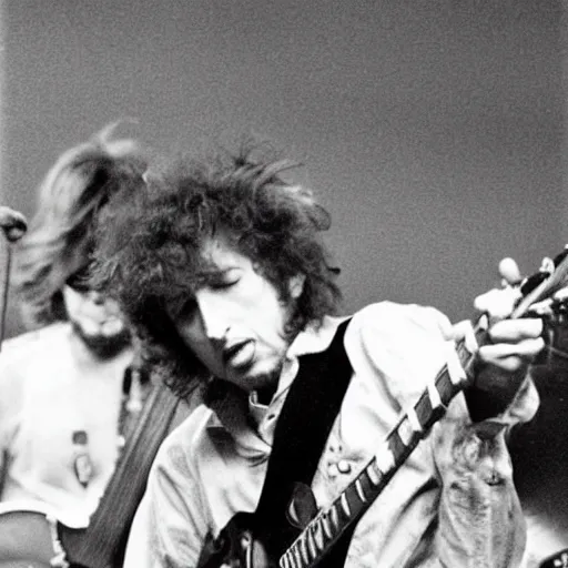 Prompt: bob dylan rocking out with nirvana