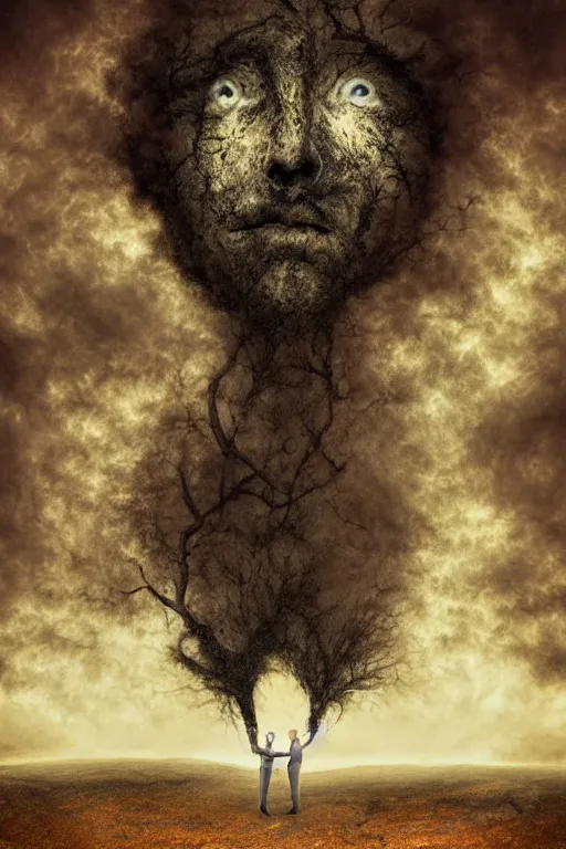 Image similar to dramatic matte portrait painting of man with black mandelbrot fractal instead of face, horror, body horror, dark art,