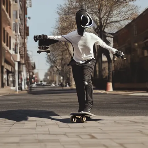 Image similar to a hyper realistic 4 k photoshoot of a plague doctor riding a skateboard