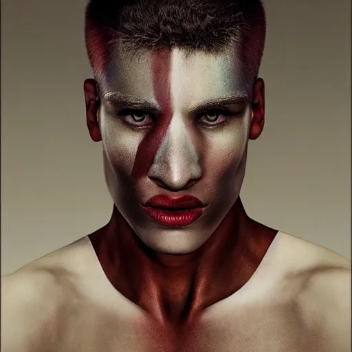 Image similar to a portrait of a beautiful athletic young male centaurus with ombre color skin , photographed by erwin olaf, artistic