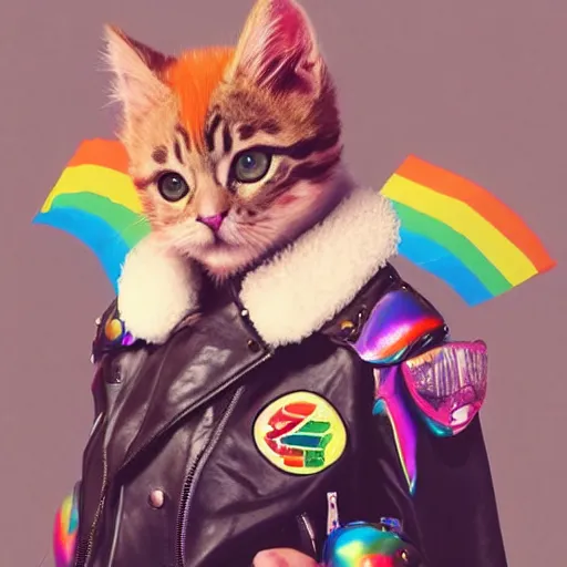 Image similar to wide angle full body, jacket wearing fluffy cute rainbow kitten wearing a black leather motorcycle jacket, cinematic concept art