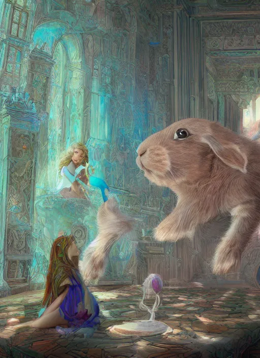 Prompt: sadness palace and human rabbit, artstation, ultradetailed, digital Painting, by James gurney and Pipilotti Rist