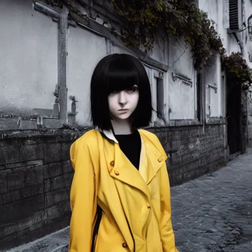 Image similar to 1 7 - year - old pale - skinned anime girl with black long bob cut, long bangs, black gothic jacket, black jeans, running through italian town, yellow sunshine, sepia sun, strong lighting, strong shadows, vivid hues, ultra - realistic, sharp details, subsurface scattering, intricate details, hd anime, 2 0 1 9 anime