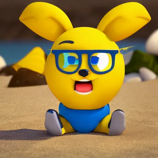 Image similar to a supercute cartoonnetwork lemon character, that is cute and good looking, it's is relaxing on a beach, dalle - 2 quality, octane render, 3 d, volumetric lightening,