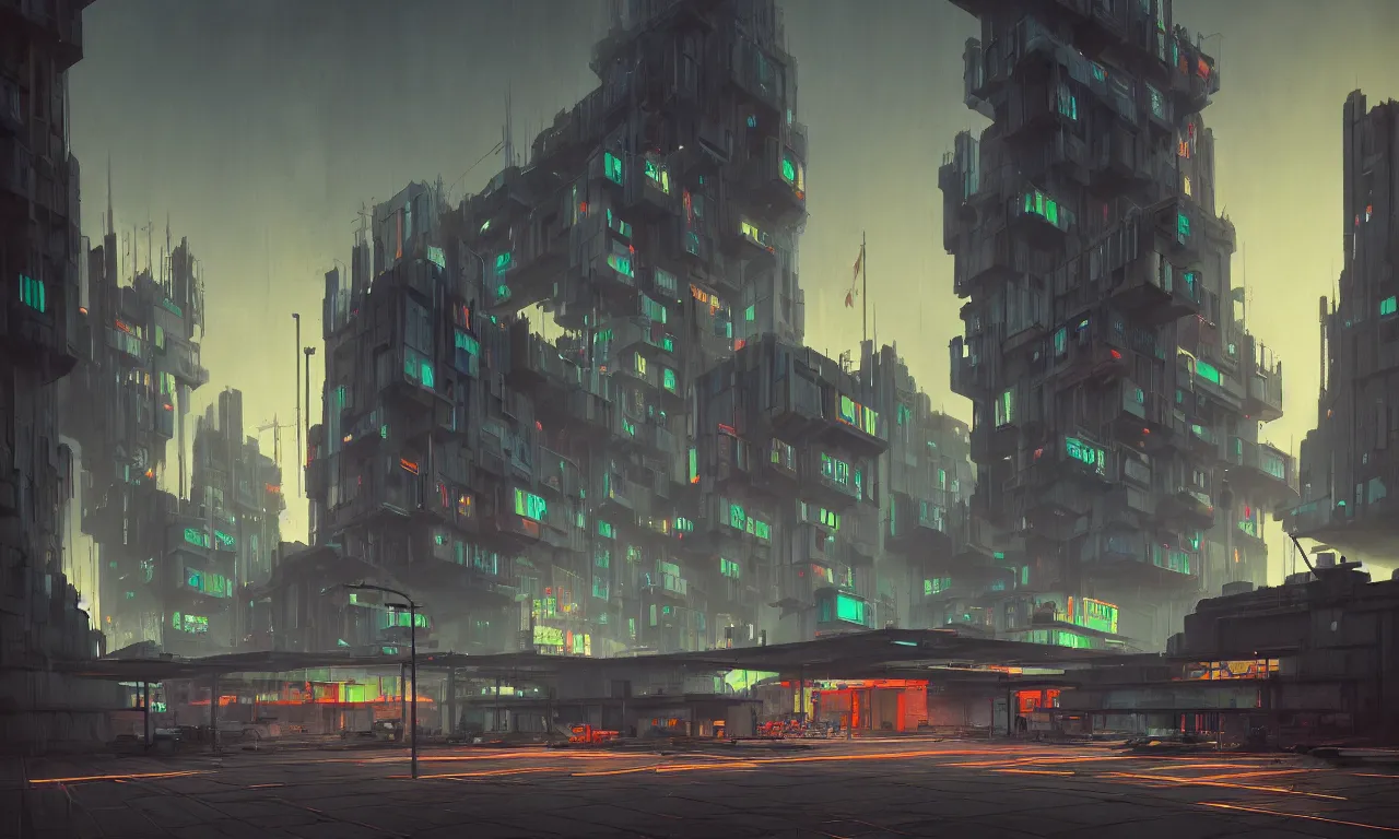 Prompt: brutalist architecture, colorful neon lighting, raphael lacoste, eddie mendoza, alex ross, concept art, matte painting, highly detailed, rule of thirds, dynamic lighting, cinematic, detailed, denoised, centered