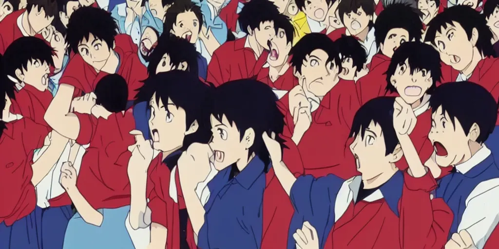 Prompt: a stil of a 90s OVA showing a man with a black hair wearing a red shirt screaming in a school