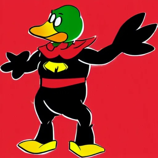 Image similar to An anthropomorphic duck wears a black superhero costume with a black mask and a red cape. Comic book style