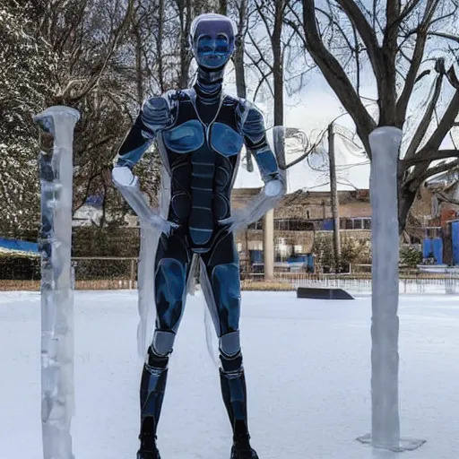 Prompt: made of ice, a realistic detailed photo of a guy who is an attractive humanoid who is half robot and half humanoid, who is a male android, on display, blank stare, showing off his muscles, shiny skin, posing like a statue, by the pool, frozen ice statue, f 1 driver charles leclerc, humanoid robot