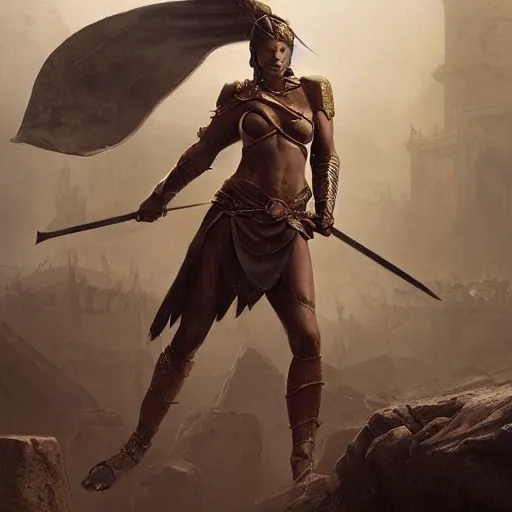 Image similar to a spartan woman wearing a cape and holding a spear in a arena, Matte painting , detailed painting, greg rutkowski