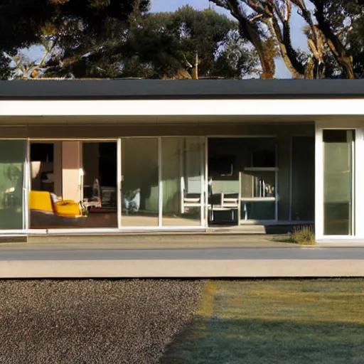 Prompt: a mid-century Eichler Home on the beach at sunset