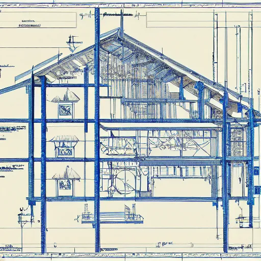 Prompt: noah's ark blueprints, white on blue, line drawing, 4 view, plant elevation profile, hyper detailed, construction plans