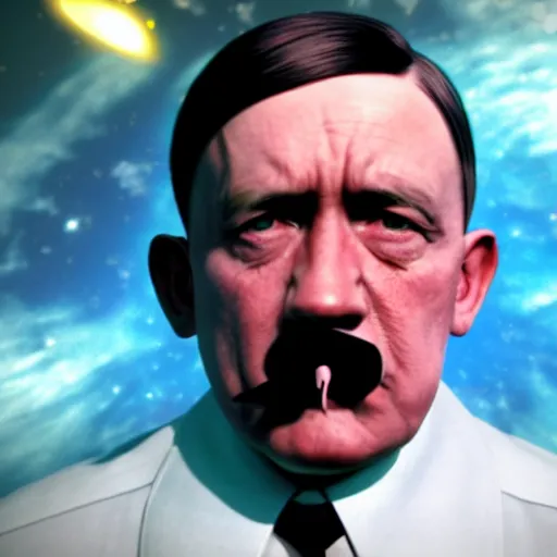 Image similar to octane render, 4 k, realistic lighting, adolf hitler smoking a cigarette in outer space