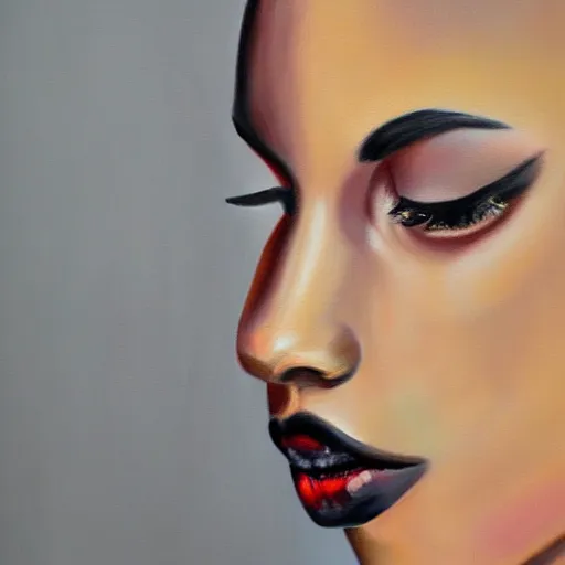 Image similar to fashion model with half black face, hyperrealism oil painting