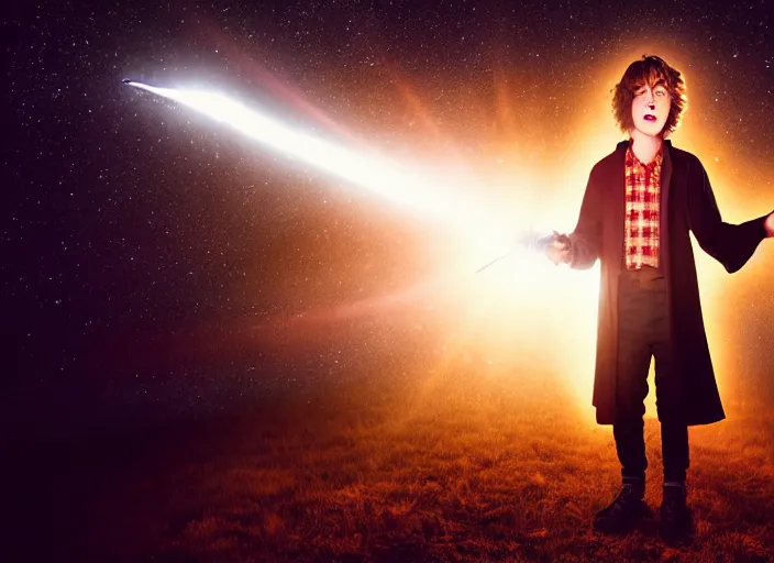 Image similar to a young adult wizard with very detailed face, hair clothes and shoes points their wand fiercely from which a blast of bright magic flies from the end of the wand, on an empty moonlit hill, dramatic lighting, lens flare, 3 5 mm full frame professional photography, kodachrome