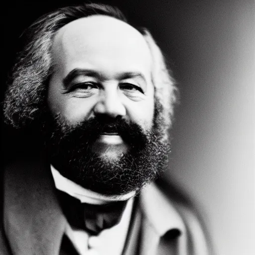 Prompt: Karl Marx smiling, photoshoot, 30mm, Taken with a Pentax1000, studio lighting