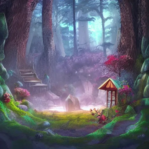 Prompt: ! dream a room intersecting with a forest, whimsical fantasy landscape art, sharp focus. trending on artstation