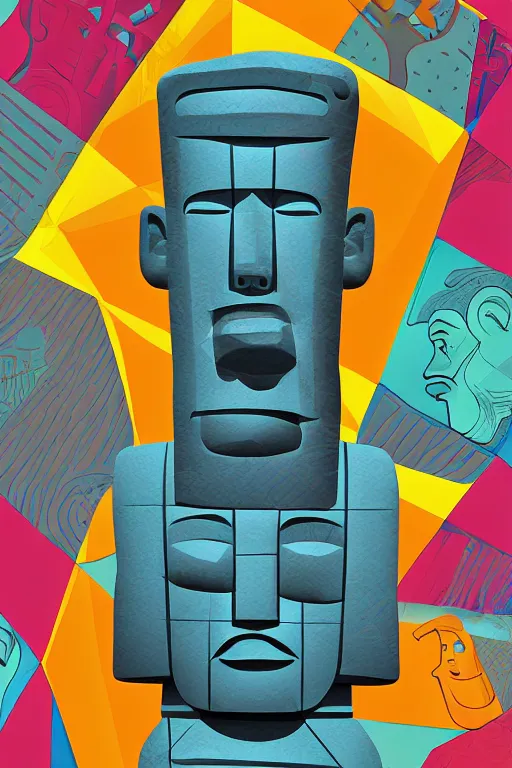 Image similar to cubist moai statue cutout digital illustration cartoon colorful beeple