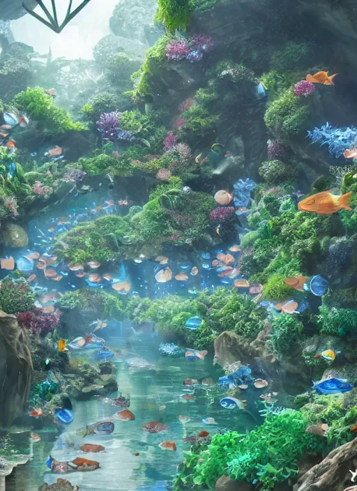 Image similar to an underground aquarium corridor with people observing lots of beautiful fish, fantastic space, water droplets, highly detailed, artstation trend, highly detailed and intricate, studio ghibli, makoto shinkai, no blur, photography, unreal engine 5