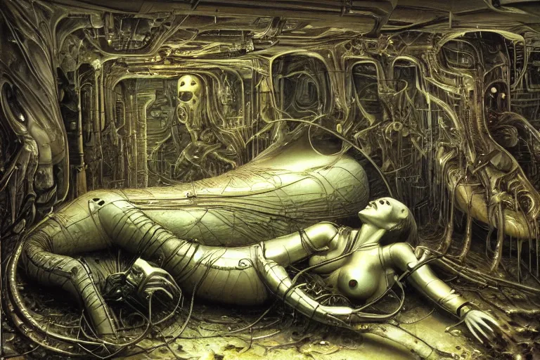 Prompt: the birth of the cyborg sleeping chambre / artificial womb by hr giger. hedonic imperative expressed as a pan - species techno - utopia imagined by jim burns and james gurney, wayne barlowe,. masterpiece scifi artwork, retro, trending on artstation, 8 k