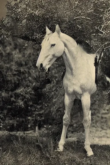 Prompt: an 1800s photo of 2 horses on top of a tree